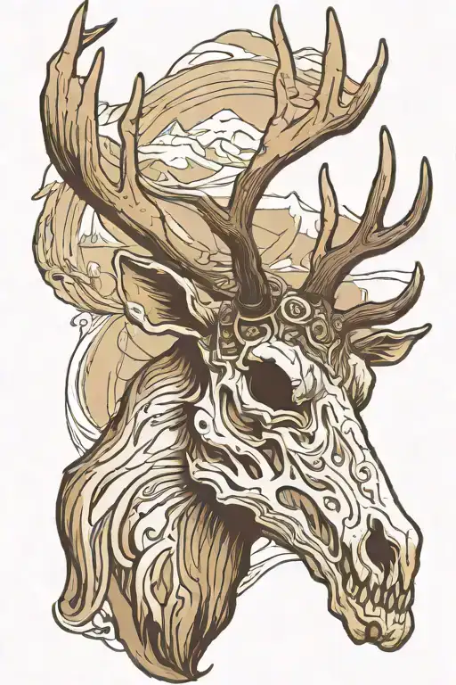 Elk Skull With Antlers In The Mountains