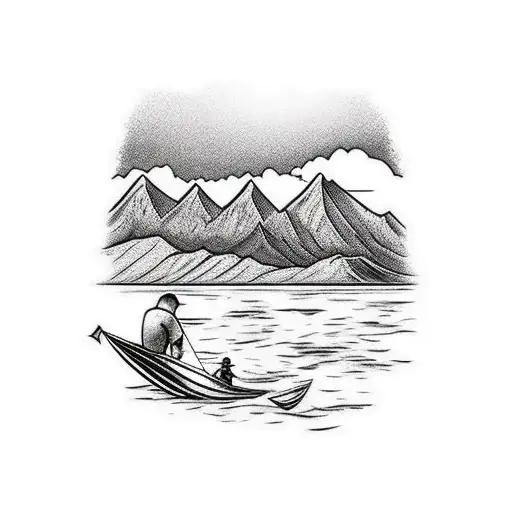 Father And Son Fishing With Mountains In The Back To Start A Sleeve