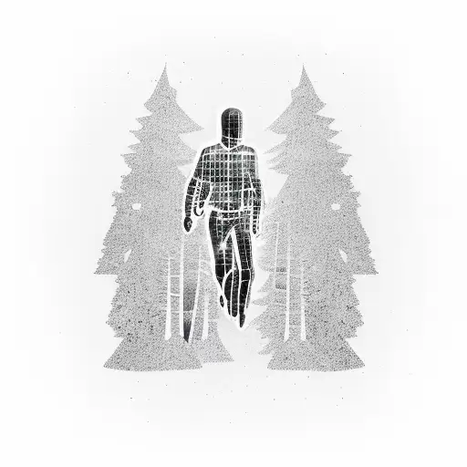 A Criminal Silhouette Walking Through A Dark Forest With Hidden Symbols And Mysterious Elements