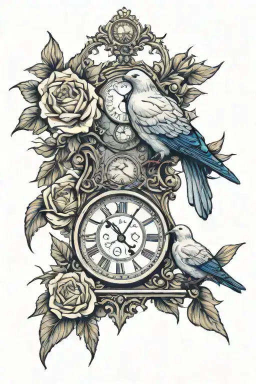 Dove In Roses Next To Clock Face And Raven In Daffodils Next To Clock Too