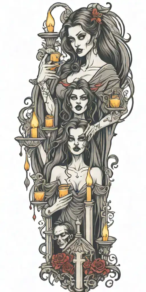 Multiple Vampire Blood Women Candle Burning Cemetary Background