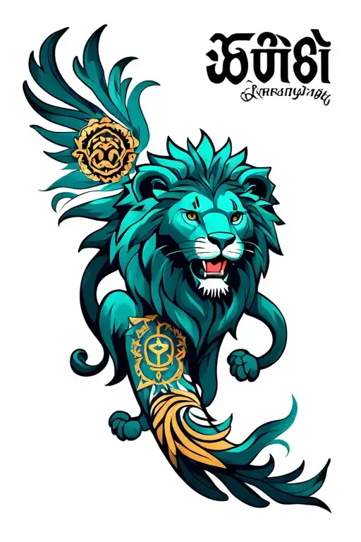 A Forearm Band Where Front A 3D Mandala Art Then Back Of Fore Arm A Lion With Virogi Symbol