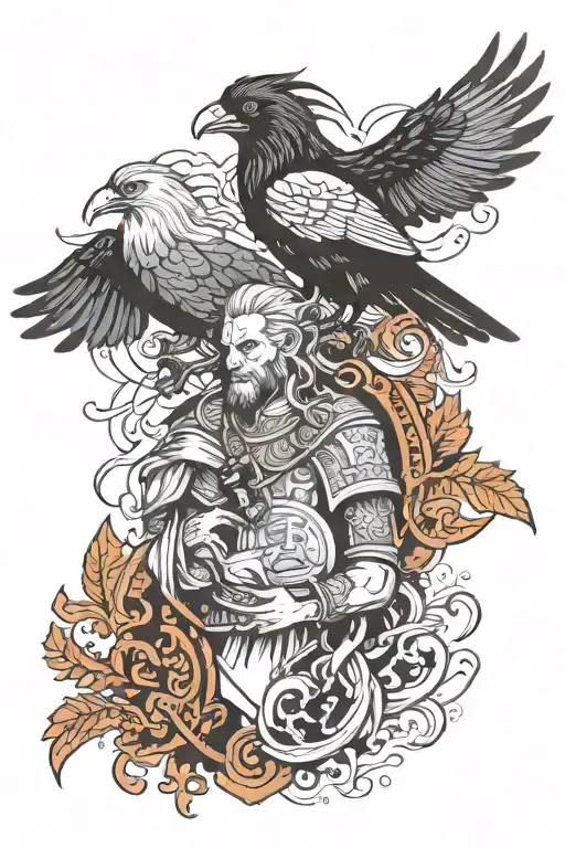 Nordic Gods With Crow Flying