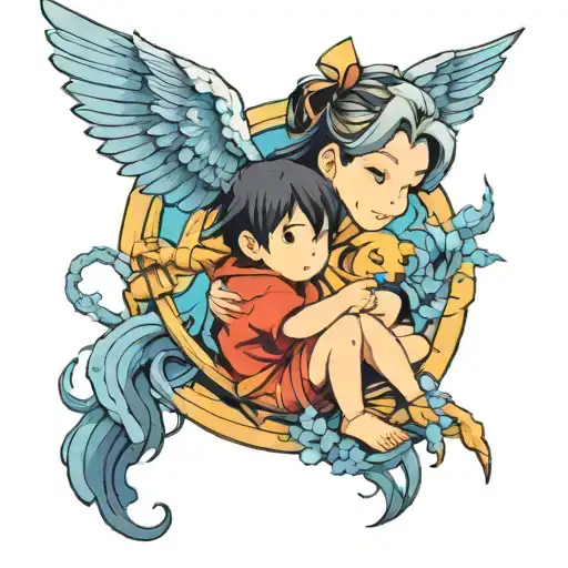 A New-school Tattoo Of A Mother And Child Anime Characters Exploring A Fantasy World