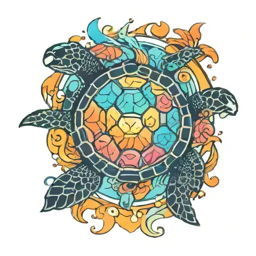 An Intricate Design Of A Sea Turtle Swimming Through A Kaleidoscope Of Colors Representing A Sunset