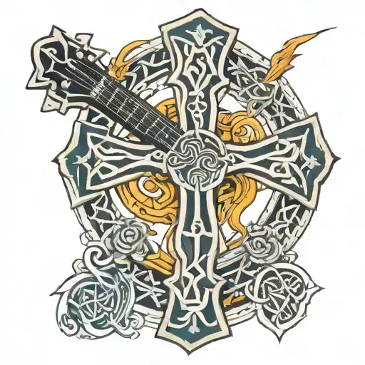 A New-school Style Celtic Cross With A Guitar Headstock In The Center