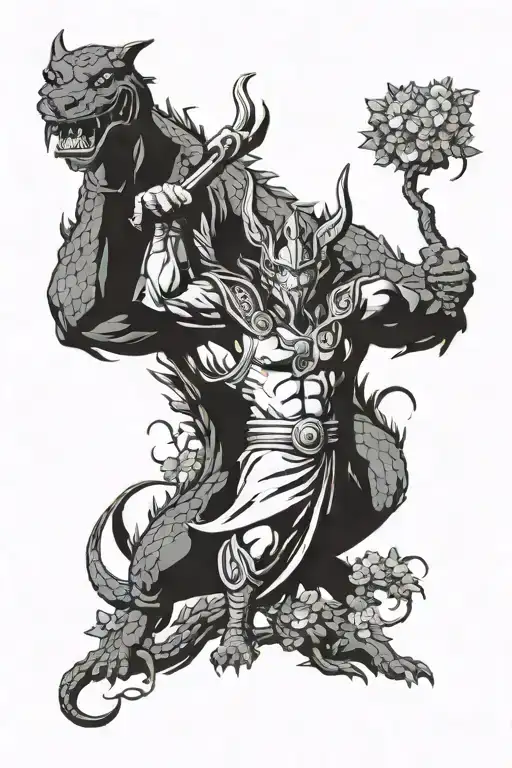 Thor On The Right Chinese Dragon In The Middle And Anubis On Right With Sakura Trees On The Bottom