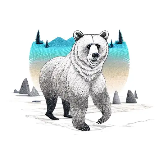 A Bear Walking On A Stone Beach Against The Background Of Mountains