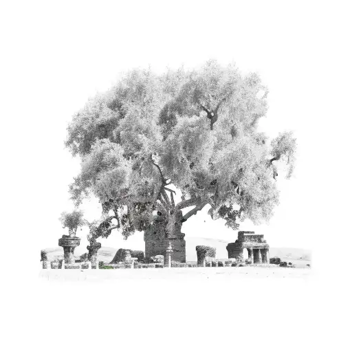 Farm Scene With A Mystical Twist - Balboa Trees Growing Out Of Ancient Egyptian Ruins