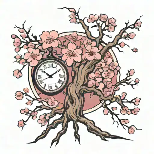 Cherry Blossom Tree With Roots Around A Clock