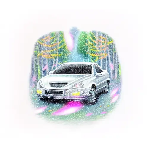 Black Car Driving Down A Mystical Forest Path Surrounded By Glowing Fireflies