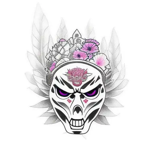 Creat A Lower Leg Sleeve Tattoo With A Samurai Mask With Flowers