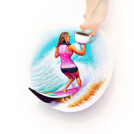 Girl Surfing Holding Mug Of Coffee