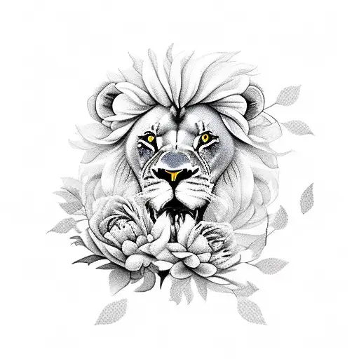 Lion With Peony And Butterly