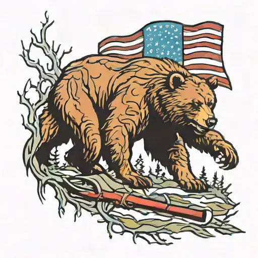 A New-school Design Featuring A Bear Hunting In The Woods With A Backdrop Of The American Flag
