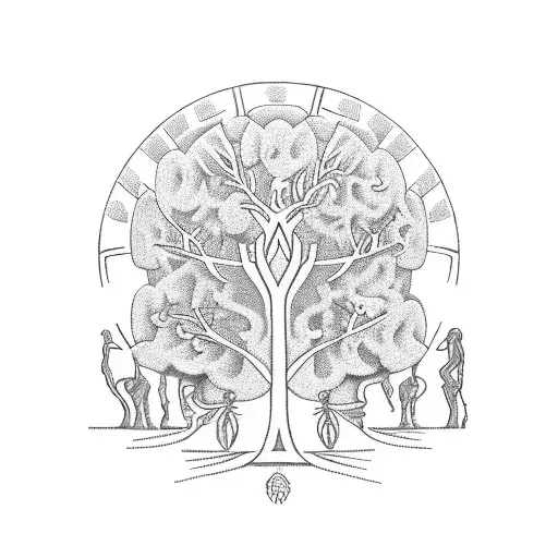 Neotraditional Style Tattoo Of The Three Moiras Weaving The Tree Of Life