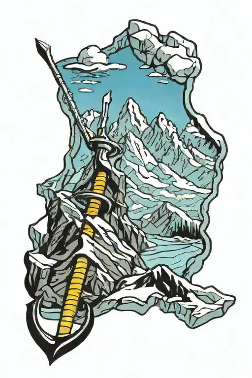 Mountain Range With Mountaineering Ice Axe