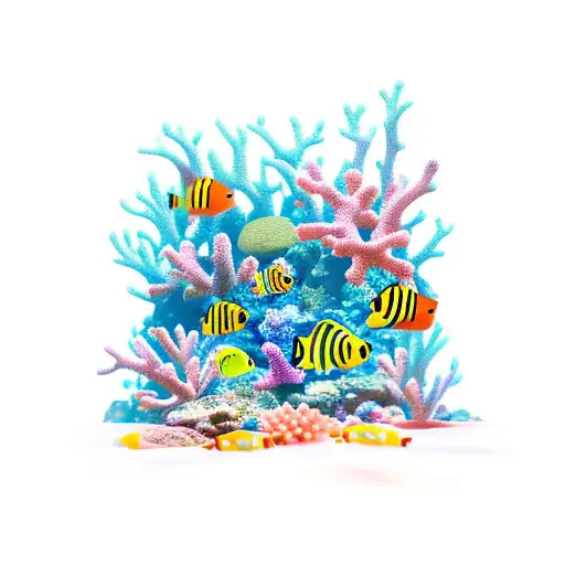 A Colorful Coral Reef Scene With A School Of Fish Swimming Around