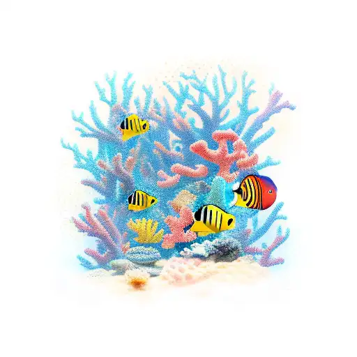 A Colorful Coral Reef Scene With A School Of Fish Swimming Around