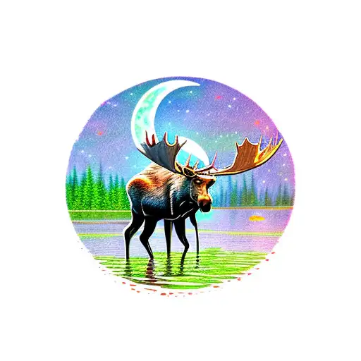 Moose In Swamp With Moon And Subset
