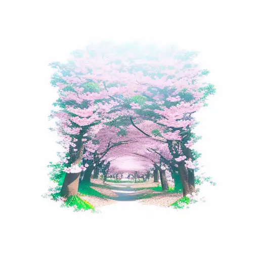 An Anime-inspired Design Of A Hiking Trail Through A Forest Of Cherry Blossom Trees