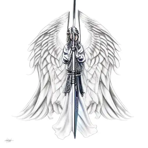 Angel Losing Feathers Kneeled With Sword And Shield