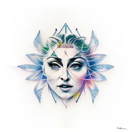 An Abstract Tattoo Design Combining Elements Of Nature And Madonna's Iconic Imagery