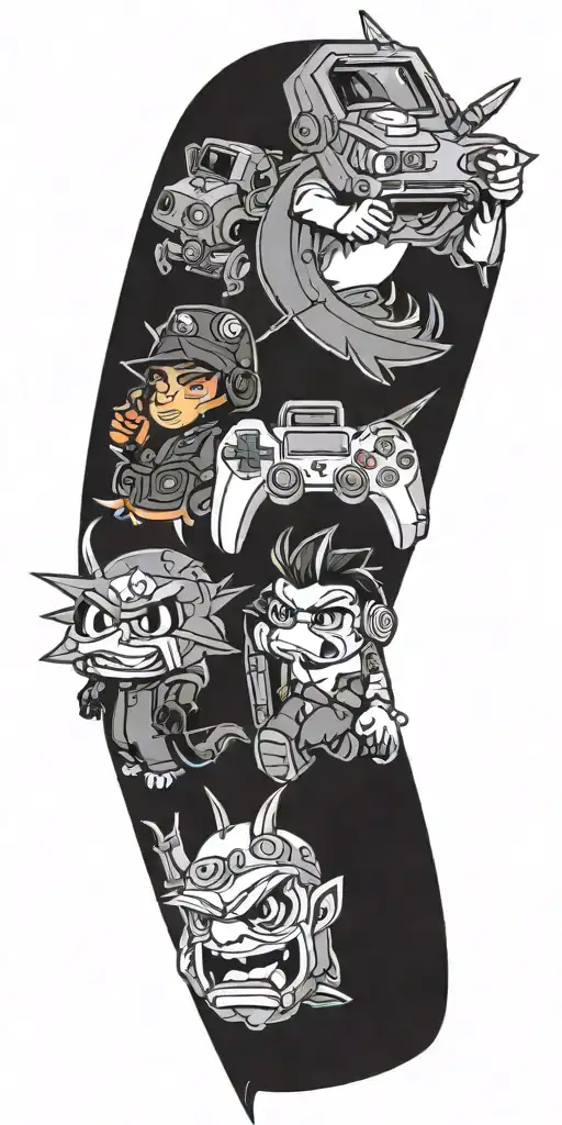 A New-school Tattoo Featuring A Mashup Of Different Video Game Characters