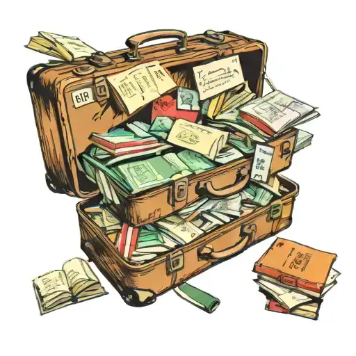 A Vintage Suitcase Covered In Travel Stamps And Books Spilling Out Of It