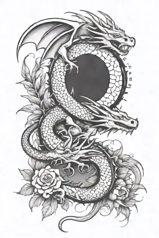 Dragons And Nature Inspired Tattoo Design Featuring