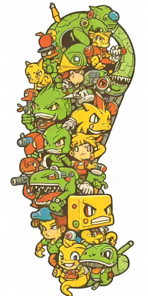 A New-school Tattoo Featuring A Mashup Of Different Video Game Characters