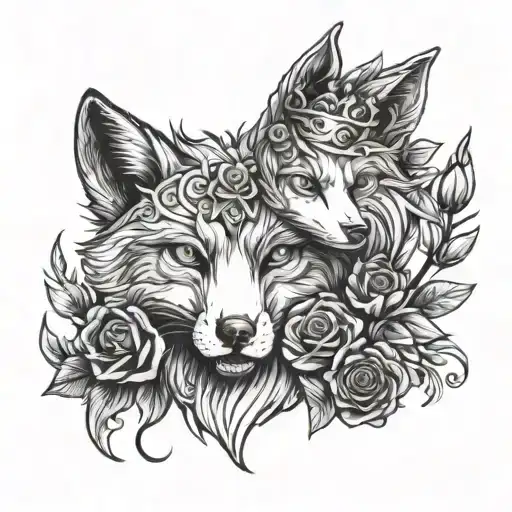 The Fox And The Wolf Are Covered With Roses And A Crown