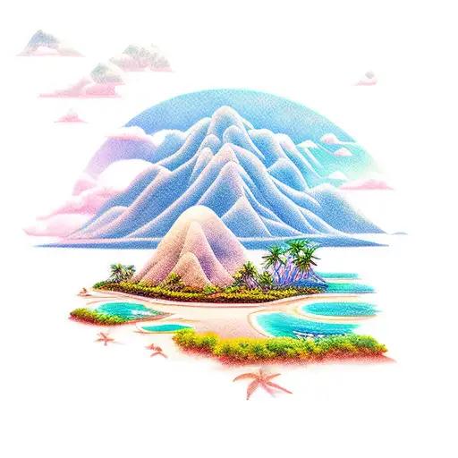 A Tropical Beach Landscape With A Mountain Backdrop And A Setting Sun