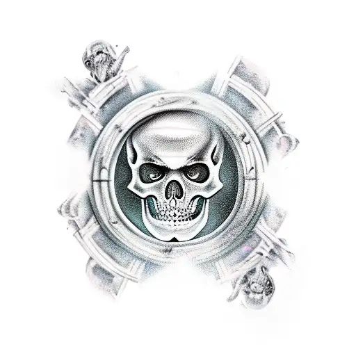 A Mystical Tattoo Of A Skeleton Wizard Casting Spells In A Dungeon Filled With Alien Artifacts