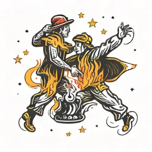 Two Figures Dancing Around A Fire Under The Starry Sky