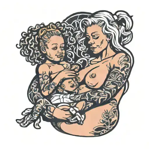 Nude Slim Young European Blonde Teenage Girl Breastfeeding Two Black Babies