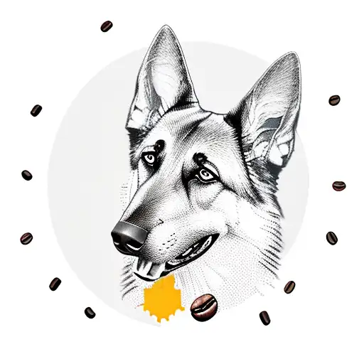 A German Shepherd Silhouette Surrounded By Coffee Beans And Hiking Trails