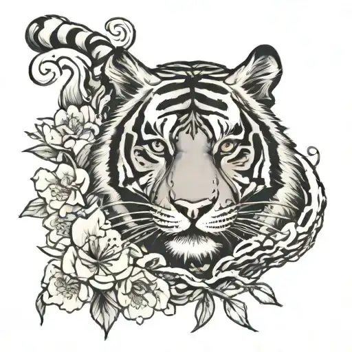 Tiger With Sakura Flowers