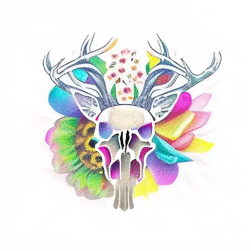 A Colorful New-school Tattoo Featuring A Deer Skull And A Mix Of Sunflowers And Roses