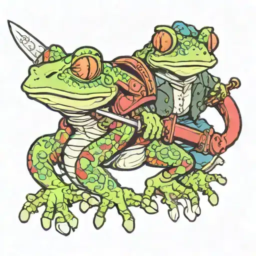 A Chameleom With A Sword Riding A Frog