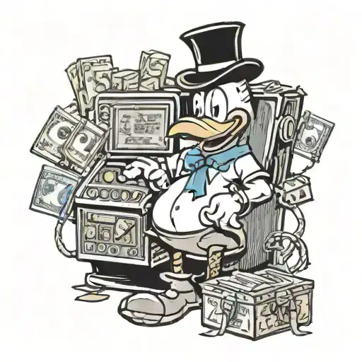 Scrudle Mcduck With A Slot Machine Number 777 And Bags And Banknotes Of Money Only Black