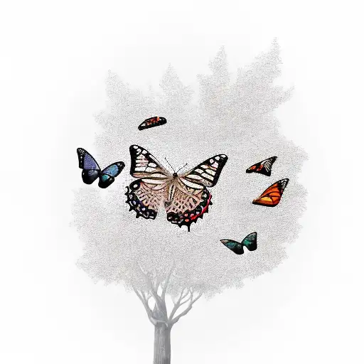 A Few Large Butterflies Flying Around A Tree With A Thick Trunk And Small Top