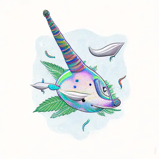 A Psychedelic Narwhal Wearing A Monocle Surrounded By Cannabis Leaves