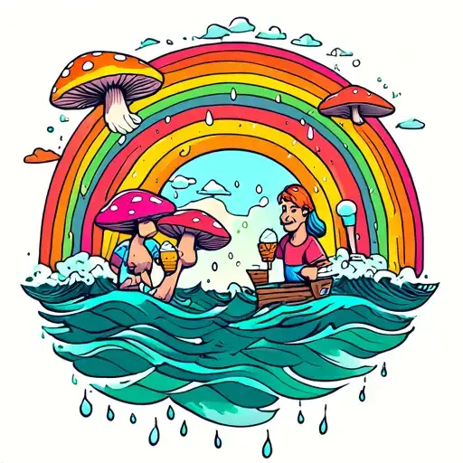 Rainy Rainbow With Mushrooms And A Couple Who Is Eating Ice Creams On The Board Of The Ocean