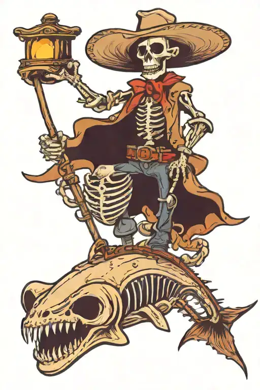 Skeleton In Cowboy Hat Standing On A Manta Ray Pulling Its Reins