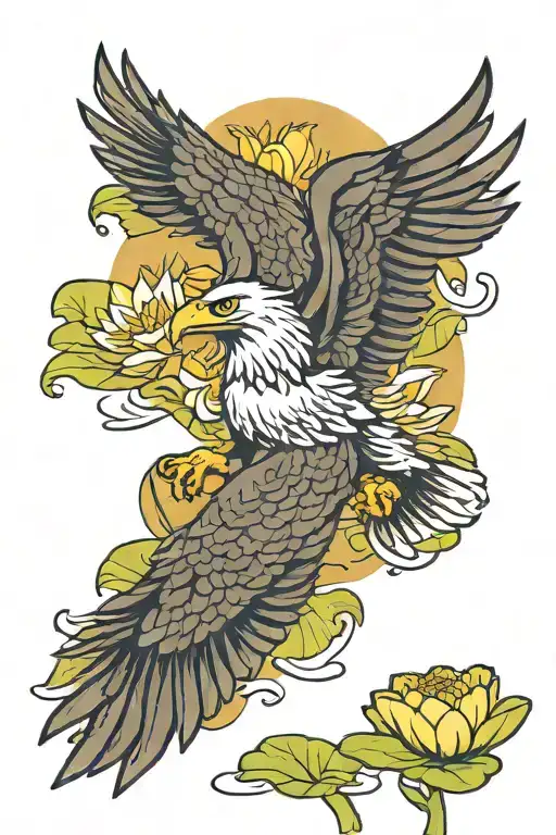 Eagle Flying Grasping A Water Lily Flower