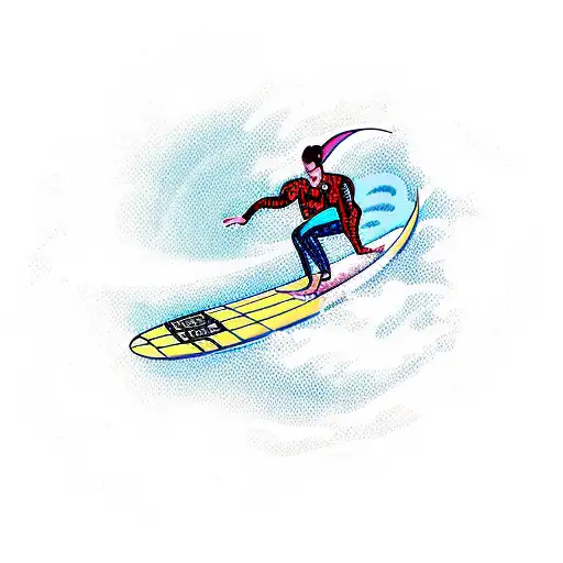 A Surfing Bank Teller Riding A Wave With A Dragon Flying Overhead