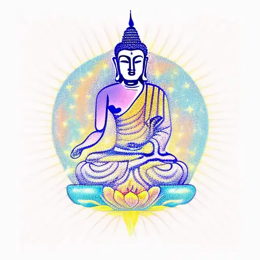 A Colorful Tattoo Of A Buddha Statue Meditating Under A Starry Sky