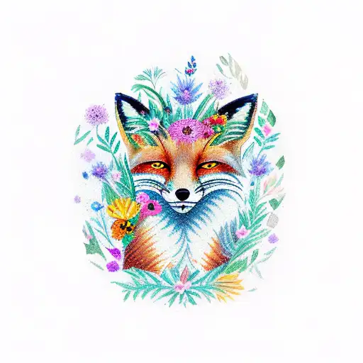 A Fox Surrounded By A Vibrant Bouquet Of Flowers And Butterflies