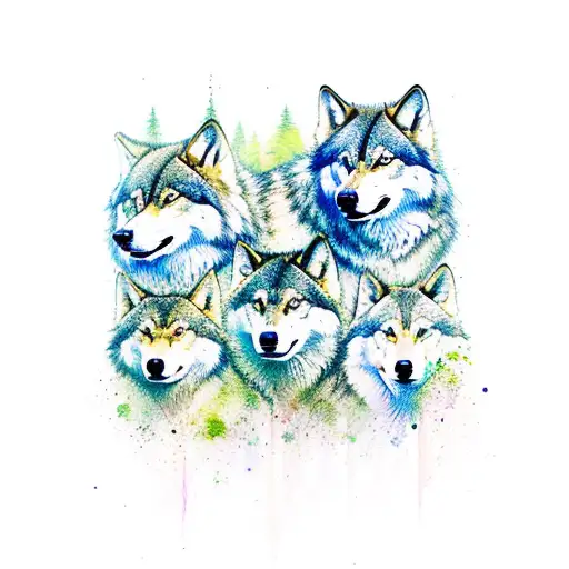 An Intricate Watercolor Design Featuring A Pack Of Wolves In A Mystical Forest